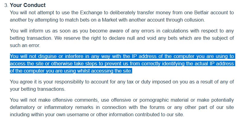 Απόσπασμα από τους κανόνες της Betfair